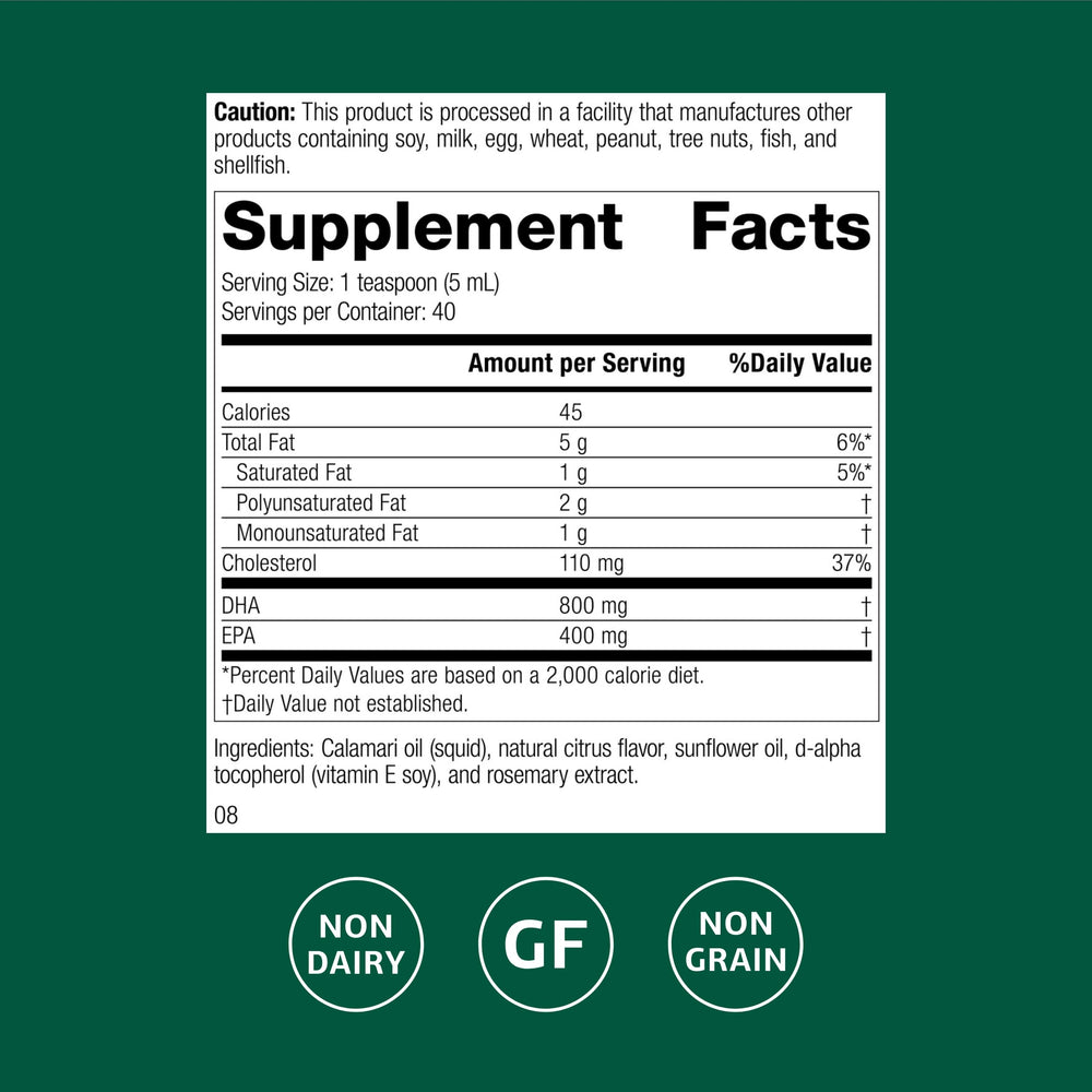 Close-up of Calamari Omega-3 Liquid label from Standard Process