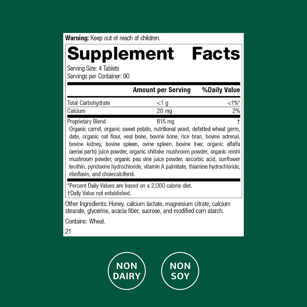 Close-up of bovine adrenal, reishi mushroom powder and other ingredients