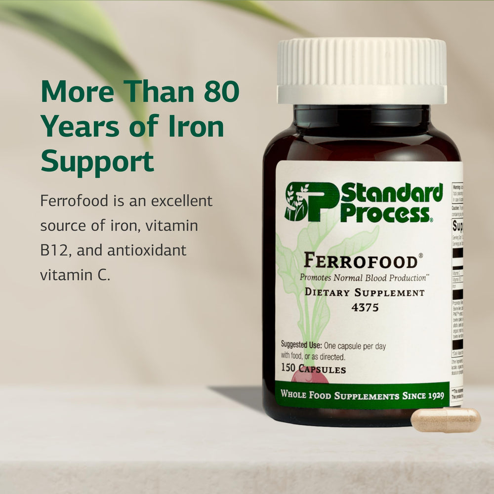 Standard Process Ferrofood capsules pour demonstrates easy daily dosing for iron and nutrients.