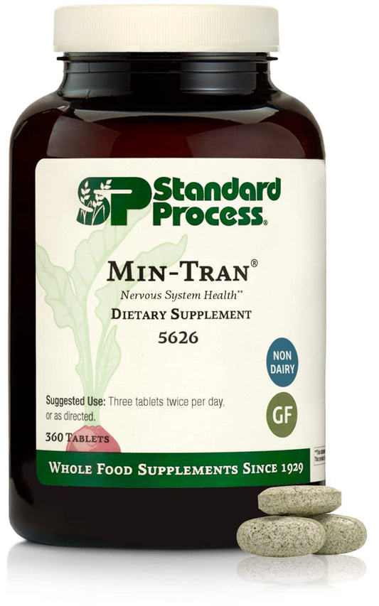 Bottle of Standard Process Min-Tran Nervous System Health supplement with 360 tablets