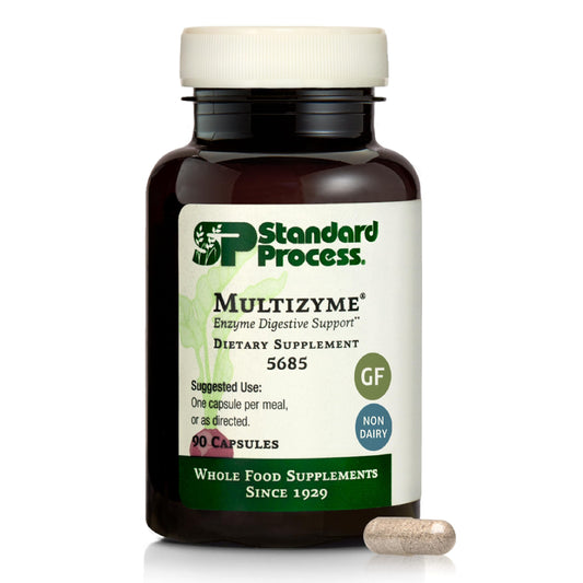 Bottle of Standard Process Multizyme 90 capsules on white background