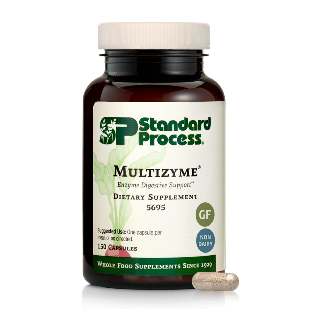 Standard Process Multizyme bottle front shows the digestive enzyme blend for protein and fat support.