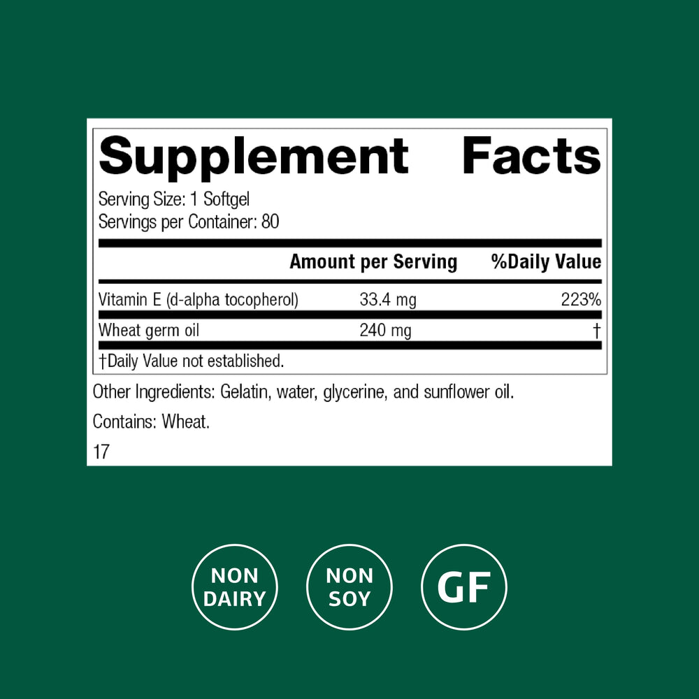 Nutrition facts panel for Wheat Germ Oil Fortified softgels