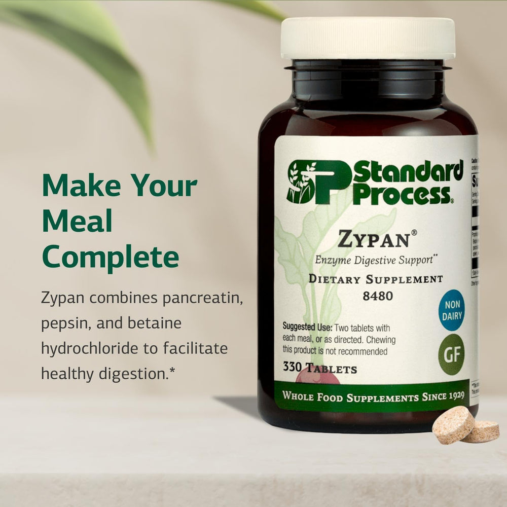 Standard Process Zypan dosing guide image illustrating two-tablet per meal use
