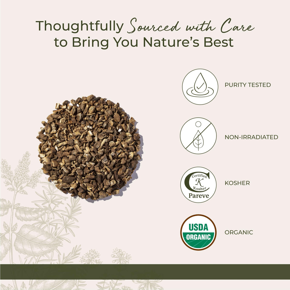 Burdock root pieces in tea preparation