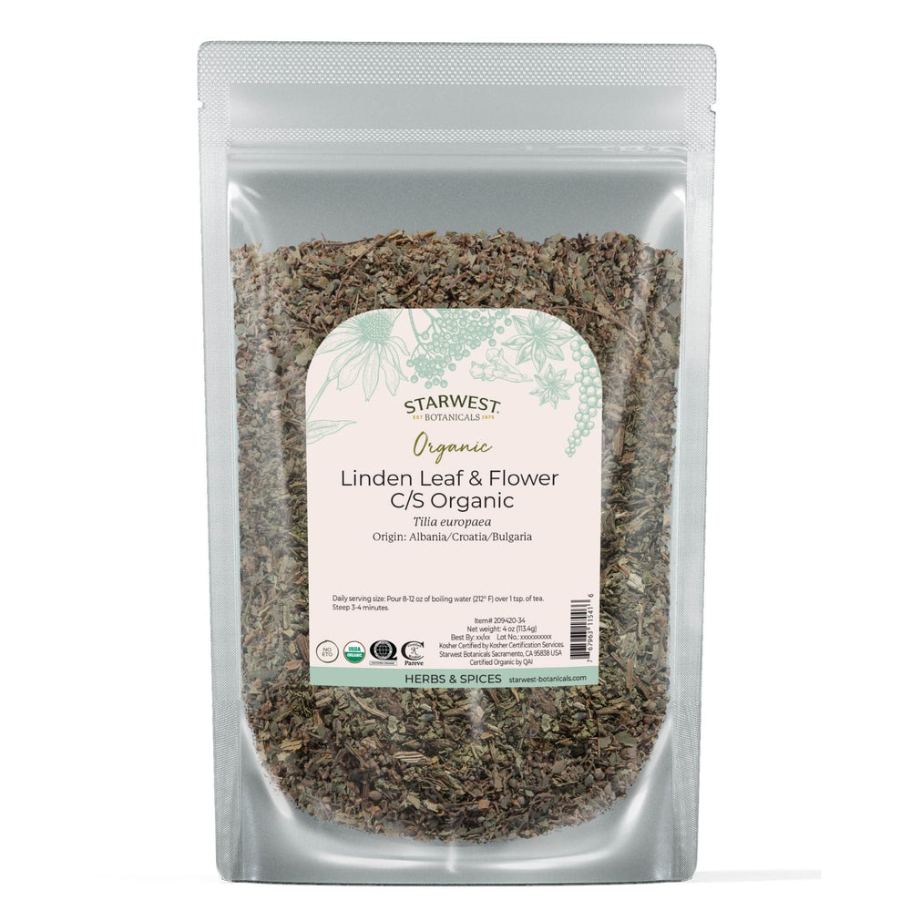 Organic Linden leaf and flower mix in 4 oz resealable pouch