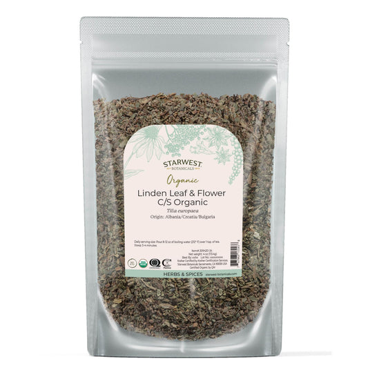 Organic Linden leaf and flower mix in 4 oz resealable pouch