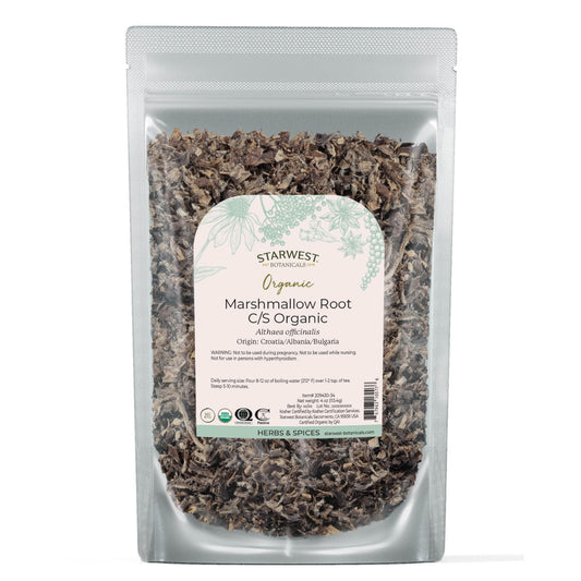 Organic marshmallow root in a 4 oz pouch from Starwest Botanicals