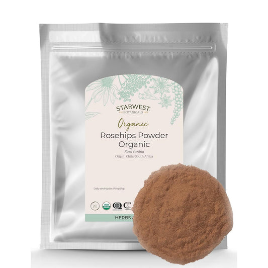 Front view of Starwest Botanicals Organic Rosehips Powder 1 lb package