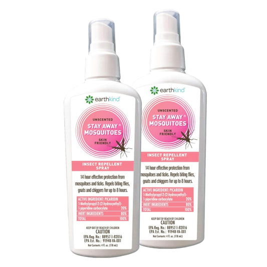 Stay Away EarthKind mosquitoes insect repellent bottle demonstrates long-lasting plant-based protection against bites.