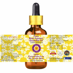 Steam-distilled Blue Cypress Essential Oil packaging label