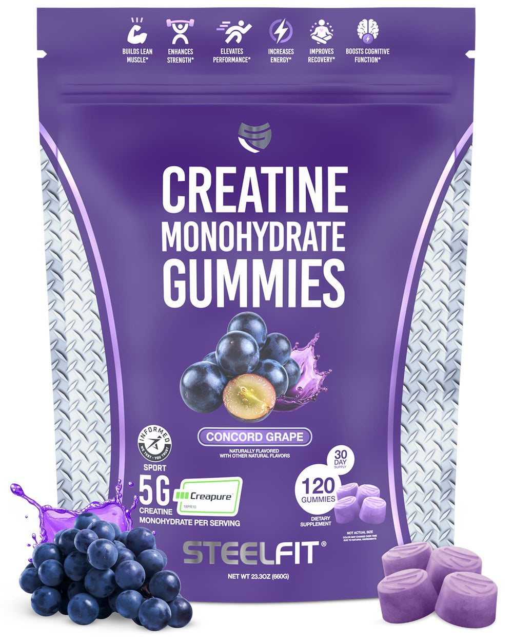 Front view of SteelFit Creapure Creatine Monohydrate Gummies Concord Grape bottle