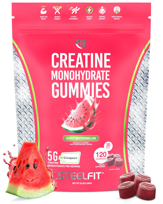 SteelFit Creapure Creatine Monohydrate Gummies bottle with Juicy Watermelon label