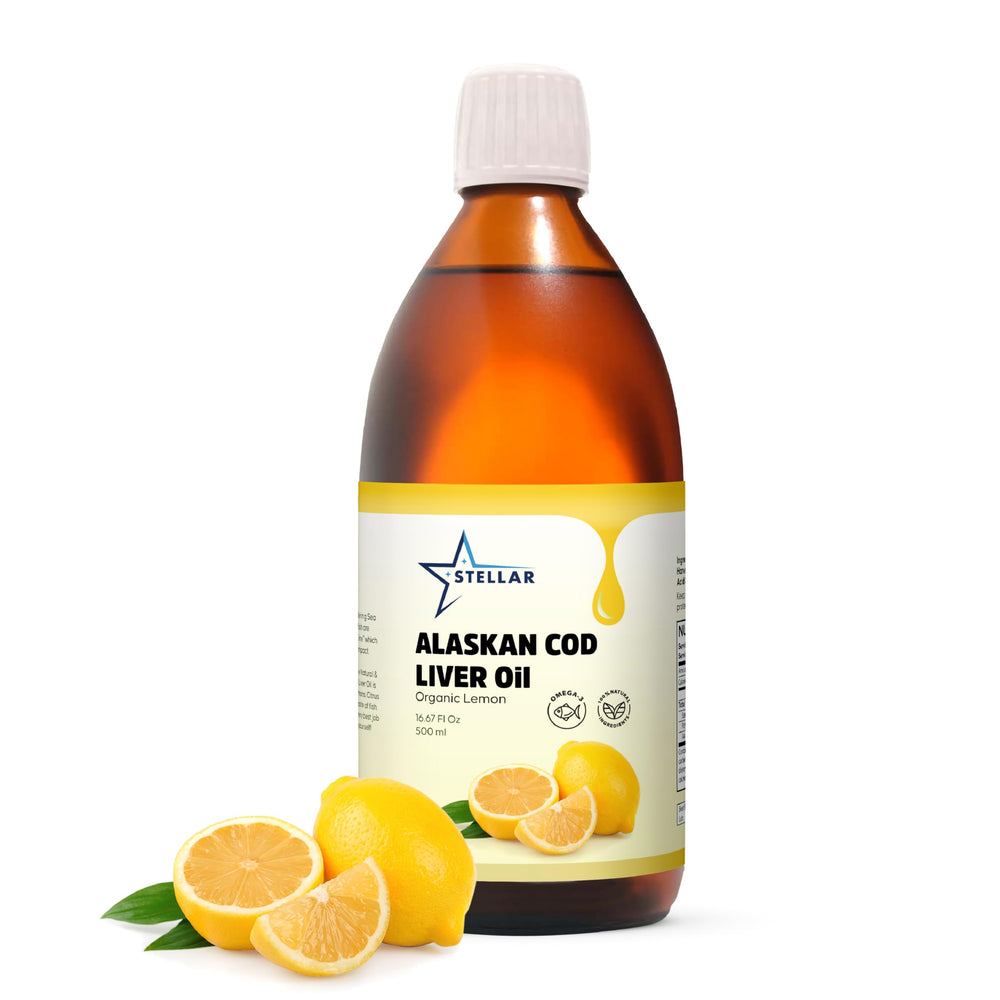 Liquid cod liver oil with organic lemon flavor in a 16.67 oz bottle