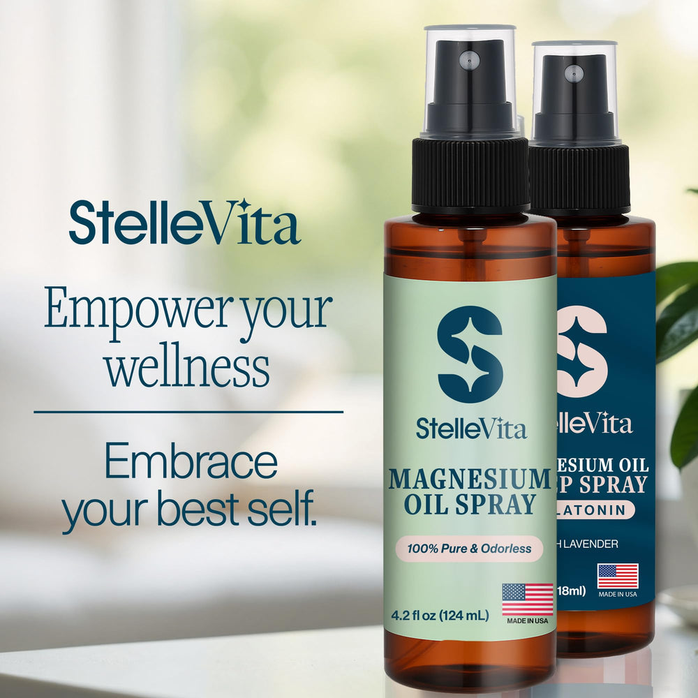 StelleVita Pure Magnesium Oil Spray label highlighting 100% vegan, chemical-free formula.
