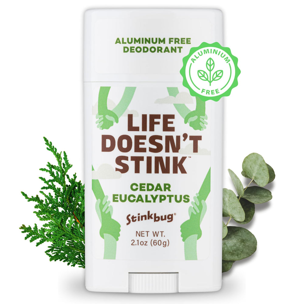 Stinkbug Naturals cedar eucalyptus deodorant stick packaging with aluminum-free formula.