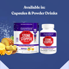 Box and bottle of Stone Stopper Capsules showing 120 capsules for 30 days
