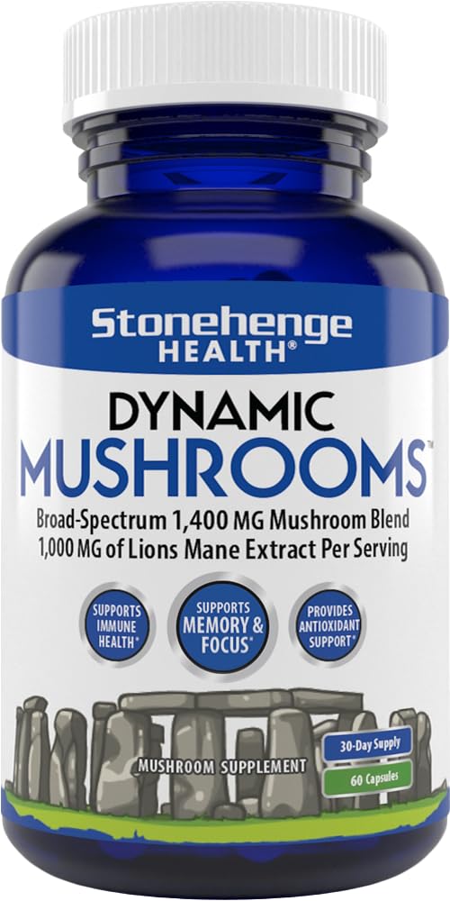 Stonehenge Dynamic Health Mushrooms bottle front view, 1,400 mg, 5-mushroom complex