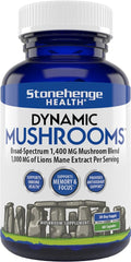 Stonehenge Dynamic Health Mushrooms bottle front view, 1,400 mg, 5-mushroom complex
