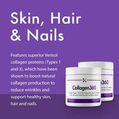 Collagen360 Hyaluronic Acid powder packaging with scoop