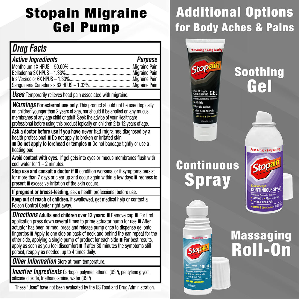 Stopain Migraine Gel Pump travel case ready for on-the-go relief.
