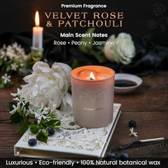 Natural strawberry quartz and clear quartz crystals embedded inside the candle.