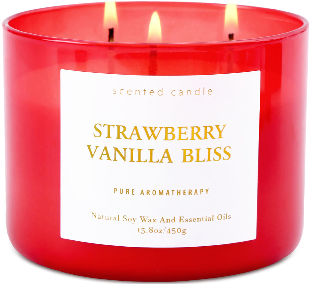 Strawberry Vanilla Bliss 3-Wick Soy Candle in red glass jar – front view