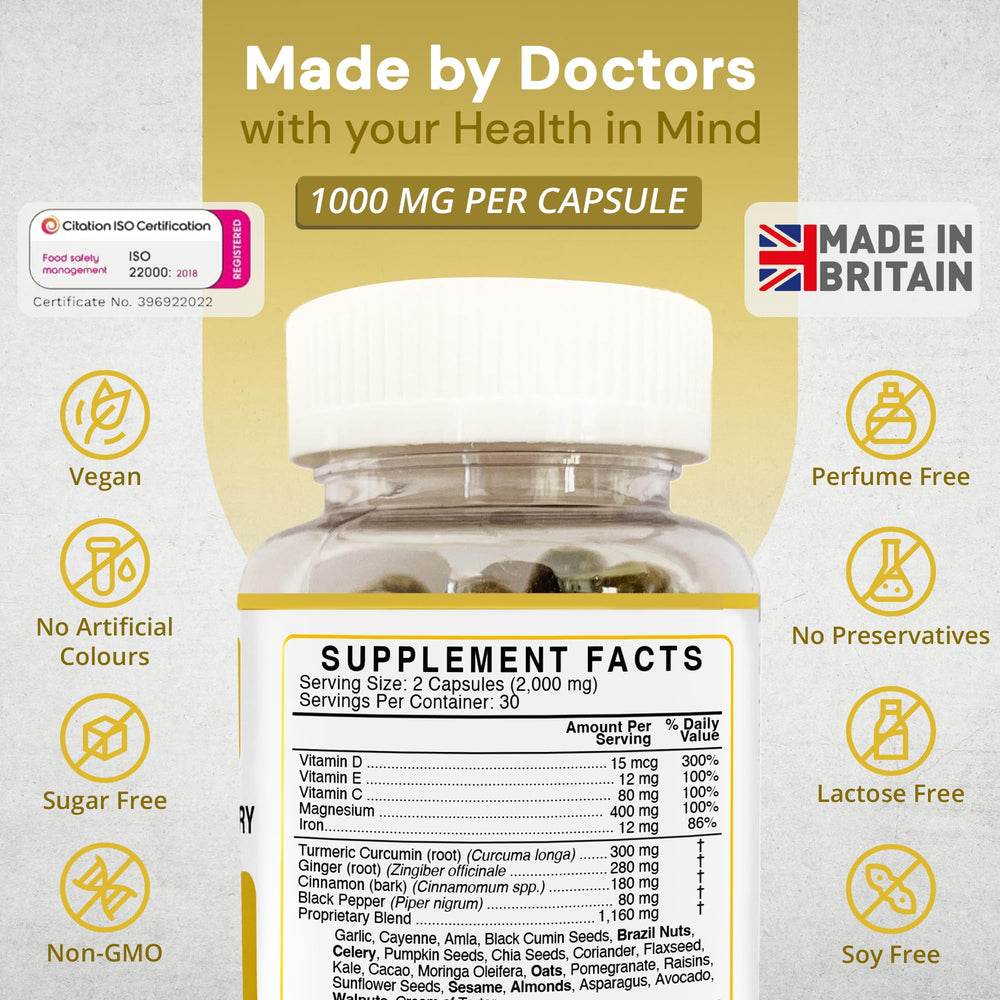 Close-up of 28-ingredient blend including turmeric and ginger