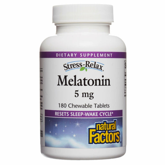 Front view of Natural Factors Stress-Relax Melatonin 5 mg bottle with peppermint flavor