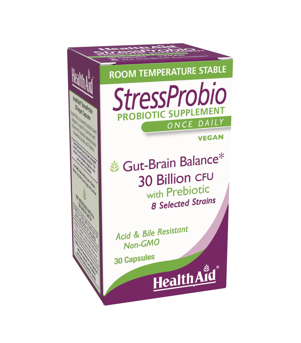 HealthAid StressProbio bottle label showing 30 capsules and 30B CFU