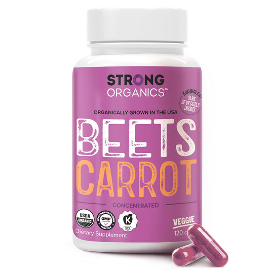 Front view of Strong Organics Beet & Carrot Capsules bottle