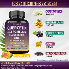 Label highlighting ingredients: quercetin, bromelain, vitamin C and D3