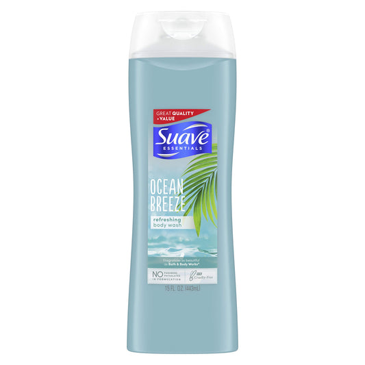 Suave Essentials Ocean Breeze bottle showing rich lather for cleansing and hydration