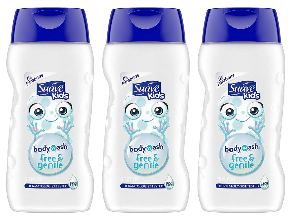 Front view of Suave Kids Free & Gentle Body Wash 12 oz bottles in a 3-pack