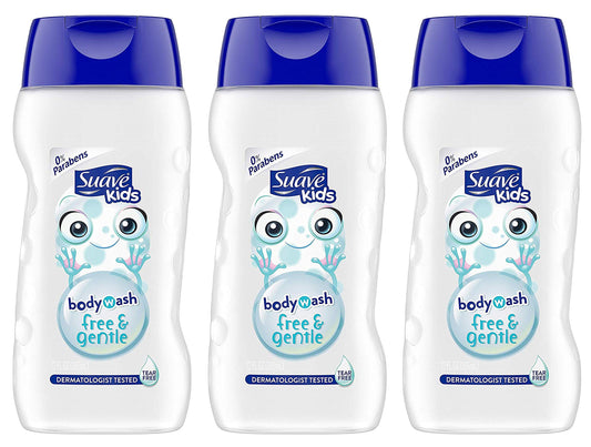 Front view of Suave Kids Free & Gentle Body Wash 12 oz bottles in a 3-pack