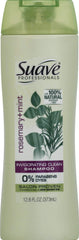 Suave Rosemary + Mint two-in-one shampoo bottle promoting refreshed, detangled hair.