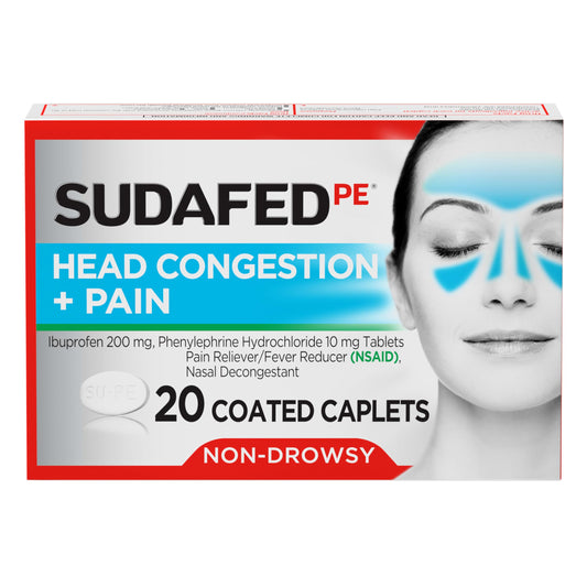 Sudafed PE head-congestion caplets bottle provides non-drowsy relief.