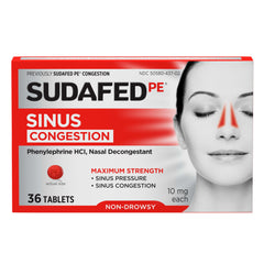 Sudafed PE sinus congestion tablets front view showing maximum strength non-drowsy formula
