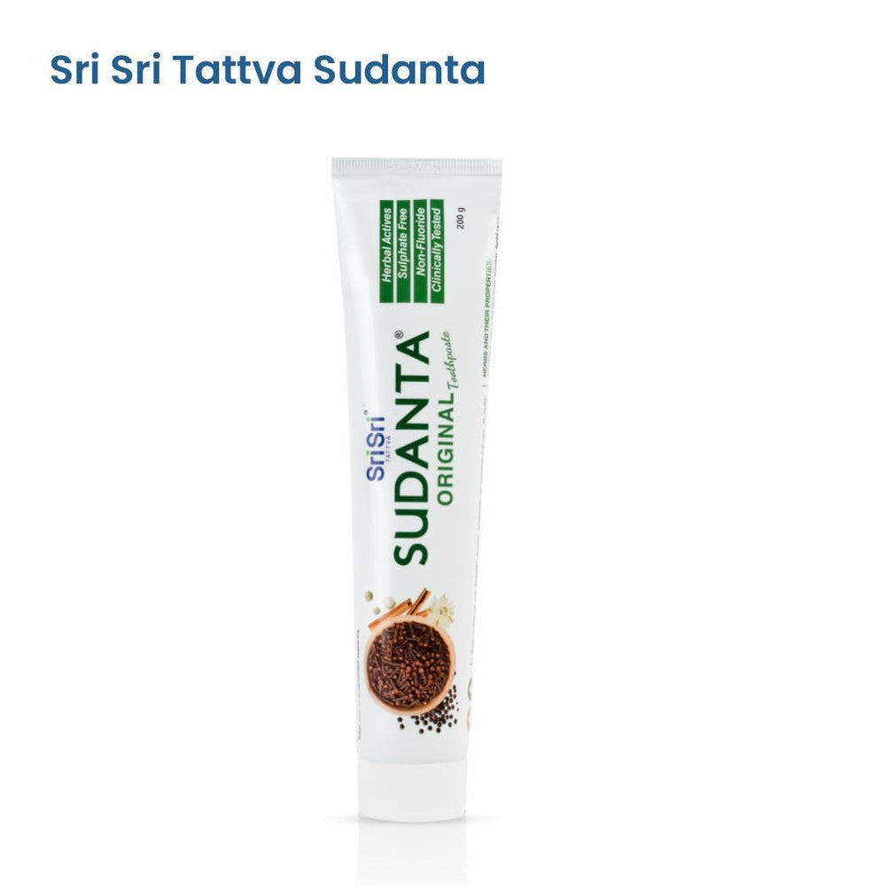 Sudanta toothpaste label showing SLS-free and fluoride-free