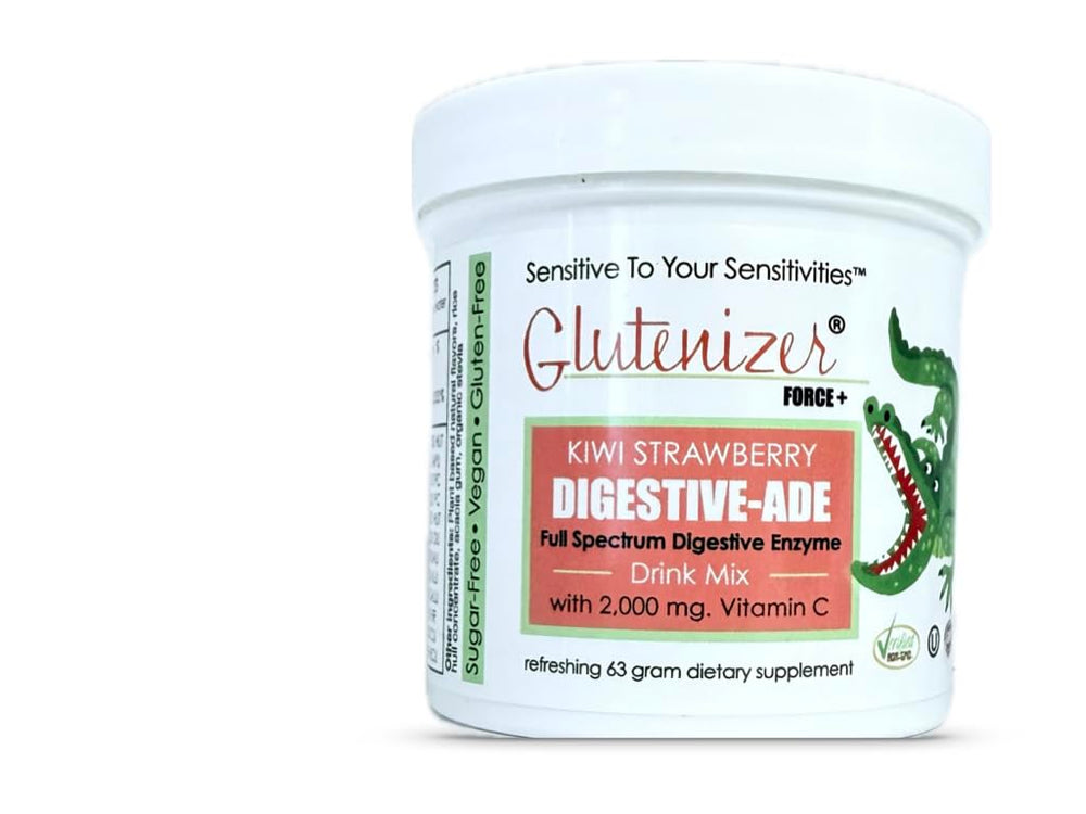 Front view of Sufficient C Glutenizer Force Plus bottle with Kiwi-Strawberry Digestive-Ade Drink Mix