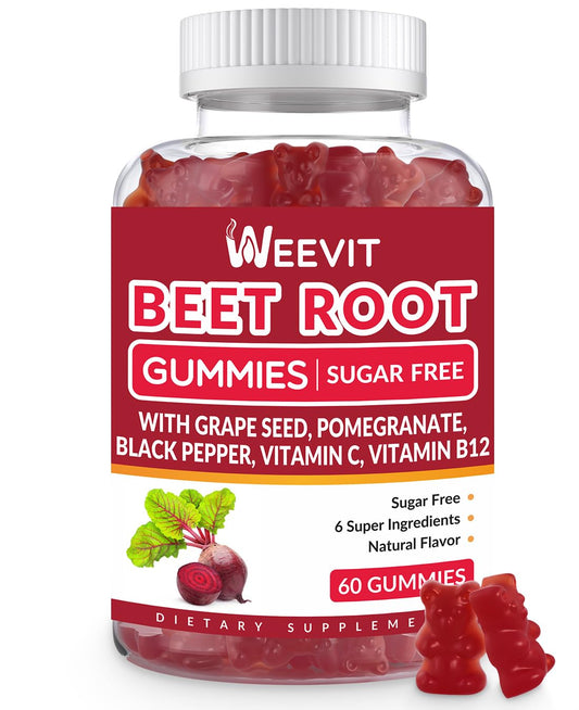 Sugar free beet gummies bottle with grape seed and pomegranate ingredients - front view