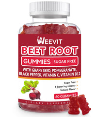Sugar free beet gummies bottle with grape seed and pomegranate ingredients - front view