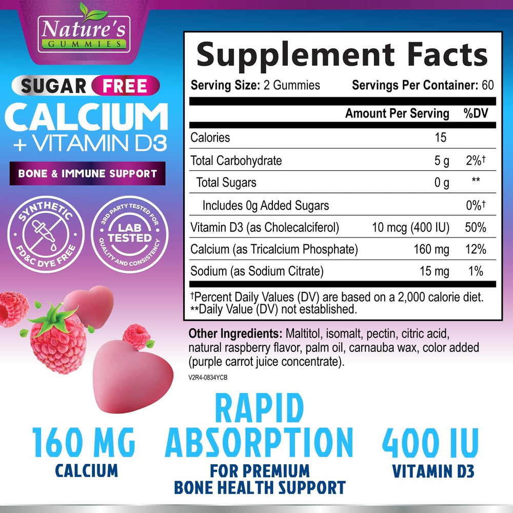Sugar-free calcium gummies with vitamin D3 for immune support