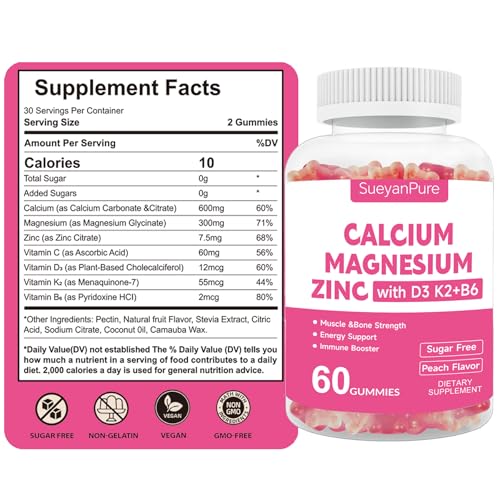Bottle labeled Sugar Free Calcium Magnesium Zinc Gummies