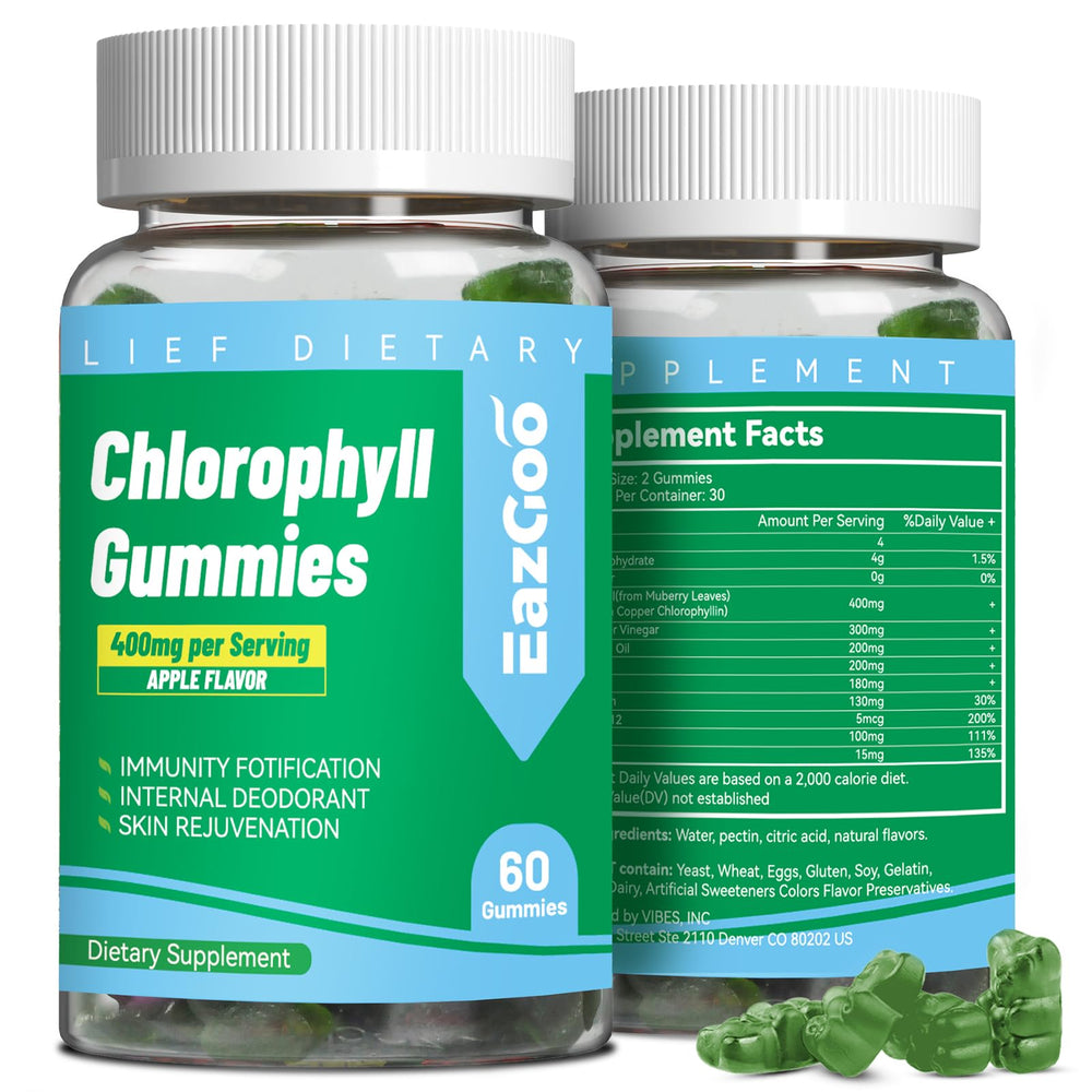Sugar-free chlorophyll gummies with natural apple flavor in a 60-count bottle
