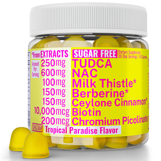Sugar Free Gummies Tropical Paradise flavor bottle featuring TUDCA and NAC