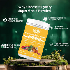 Ingredients collage: spirulina, chlorella, greens, fruits, vegetables