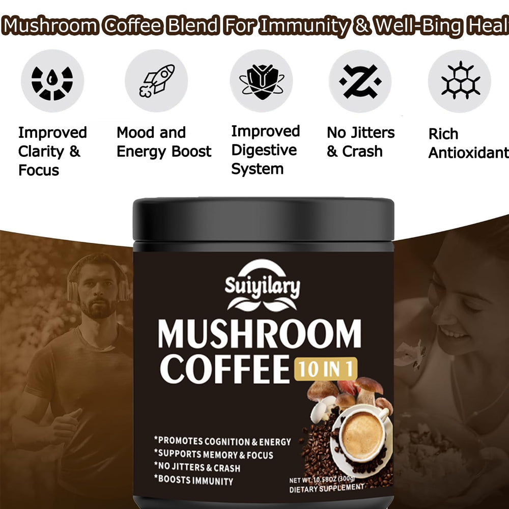 Instant mushroom coffee powder being prepared in a cup