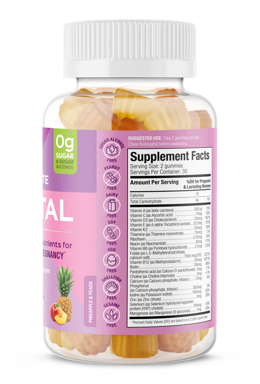 Ingredients panel showing Folate, Calcium, D3, B12, and K2
