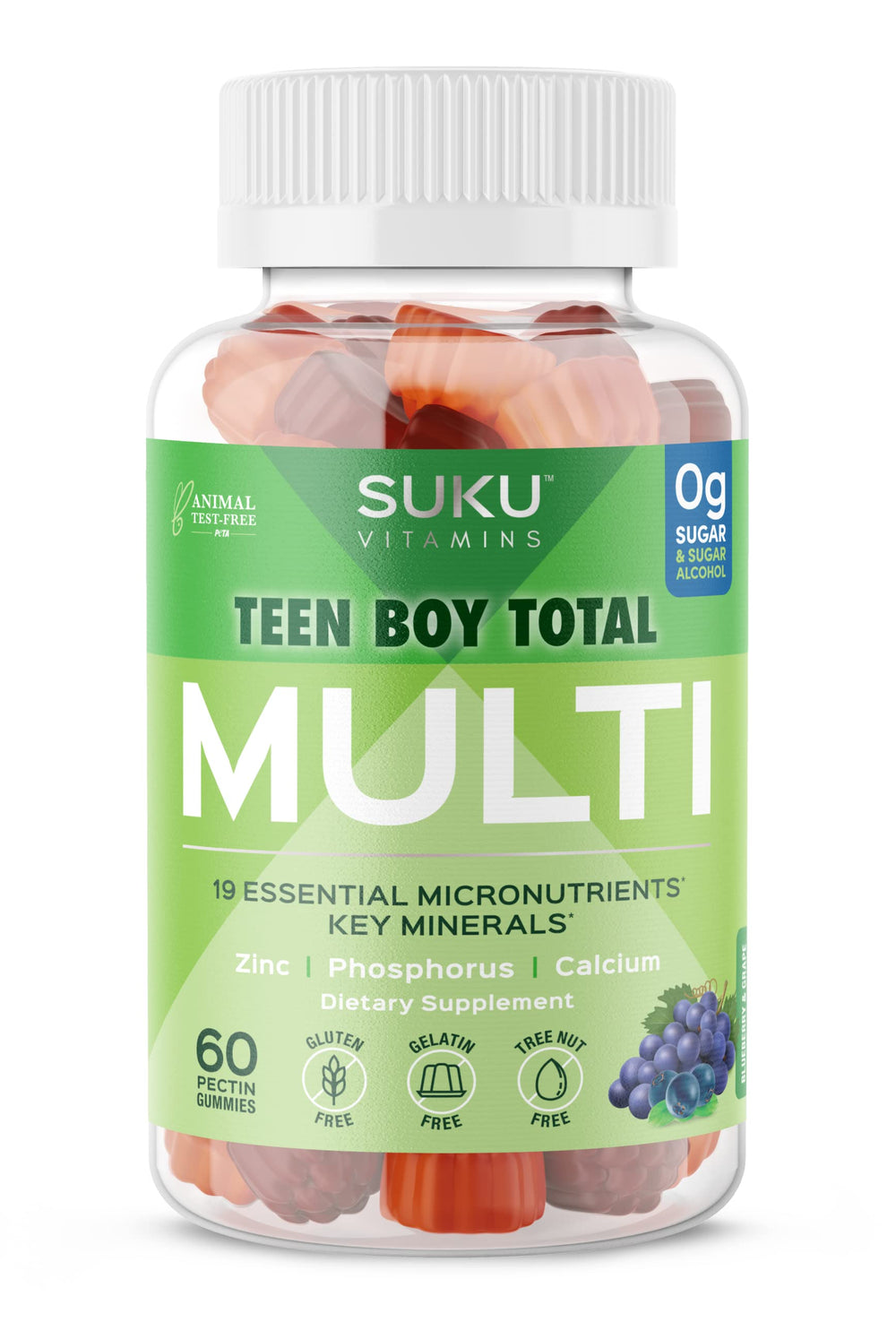 Front view of SUKU Teen Boy Multivitamin Gummies bottle, 60-count